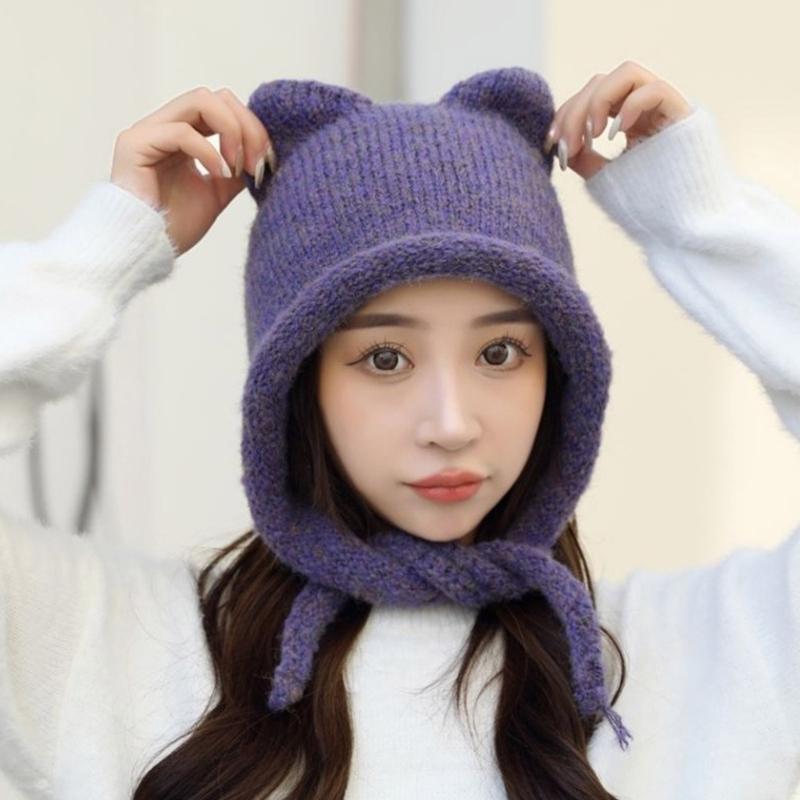 Unisex Solid Color Crochet Hat Cat Kitten Ear Shape Hat Warm Fluffy Winter Crochet Warm Skiing Supplies for Adult Teens