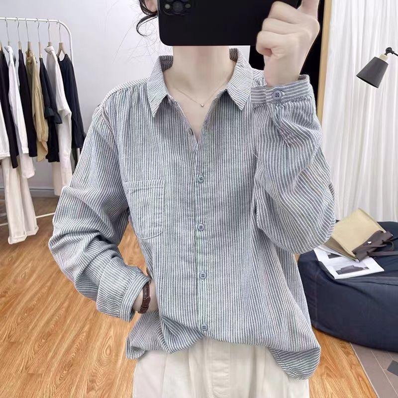 

Весенняя модная ретро-рубашка из чистого хлопка в полоску с длинными рукавами для женщин, универсальная свободная рубашка для поездок на работу 4XL светло-серый