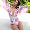 Women Long sleeves  Lemon Floral Pattern Print One Piece Swimsuit and Skirt Beachwear Monokini Two piece Bathing Suit