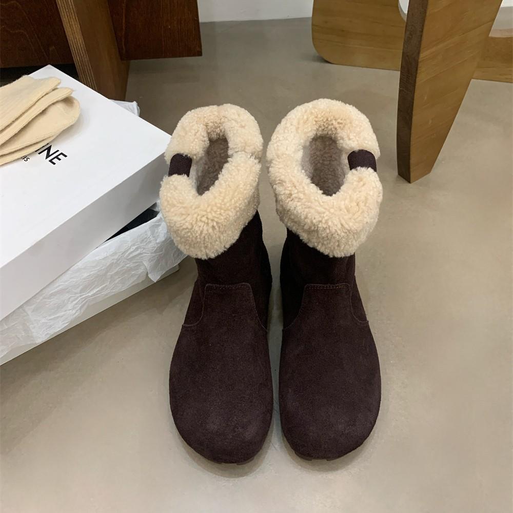 2025 Autumn and Winter New Round Head Leather Matte Plush Thin Martin Snow Shoes Warm Boken Women's Short Boots