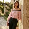 Regular Fit Damenhemd Damen Pulloverhemd, Schulterfrei Laternen-Langarmtops, Patchwork Hautfreundlicher Stoff Farbe Locker Lässige Oberteile