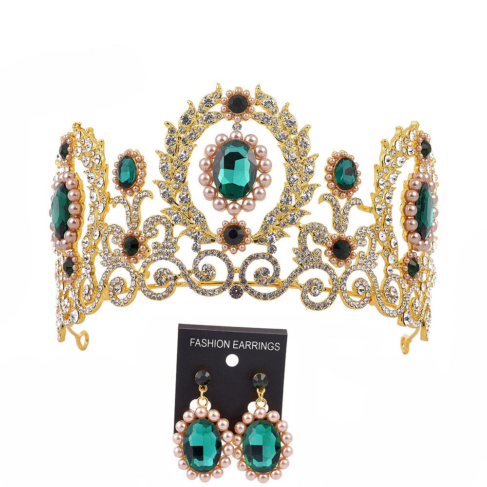 

Bridal Tiara Crown Earring Set Baroque Retro Large Crown Leaves Inlaid with Rhinestones and Pearls Wedding Accessories (as the picture-107-)-