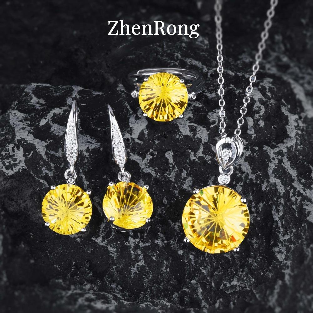 Women Topaz Jewelry Set 10ct Citrine Open Ring Gemstone Pendant Earrings