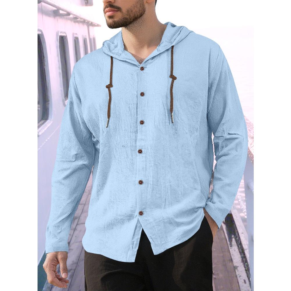 New Spring/Summer Men's Hooded T-Shirt Solid-Colour Cotton-Linen Blend Men's Casual Long-Sleeved Top