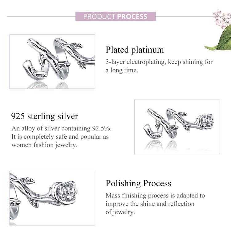 Bamoer 925 Sterling Silver Rose Vines Metal Charm for Original Silver Bracelet Fine Plated Platinum DIY Jewelry