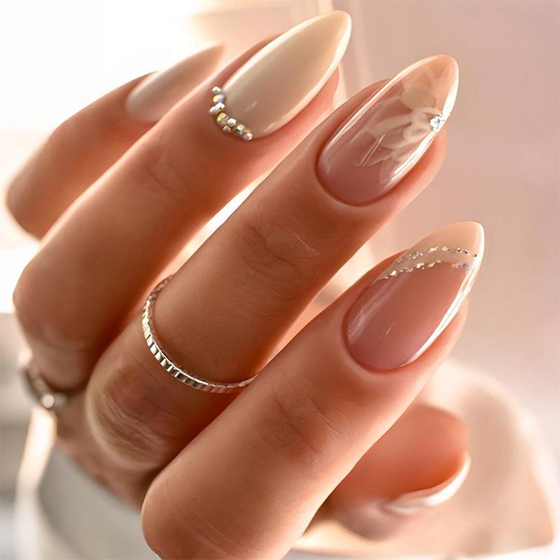 24PCS Simple Almond Wearable Press On Nails with Marble Lines Pattern Gradient Gold Fake Nail Glue Full Cover Manicure Ins Tools