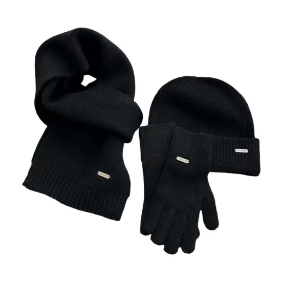 3Pcs/Set Women Hat Scarf Gloves Set Solid Color Ribbed Trim Brimless Hat Long Scarf Warm Gloves Set Winter Accessories
