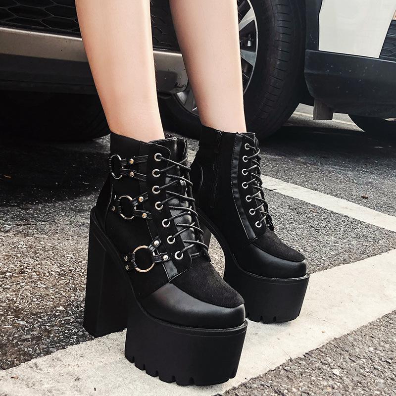 Fashion Women's Punk Nightclub High Heeled Boots Super High Heel 15CM Thick Platform Ankle Bootie Buckles Lace Up Women Boots Size42