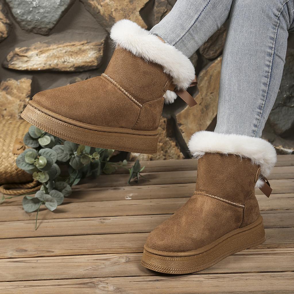 Große Größe Winter Plüsch Warm Dick Sohlige Schneestiefel Damen Dicke Zwischensohle Schleife Verziert Knöchelhohe Stiefel Baumwollstiefel mit Wildledersohle