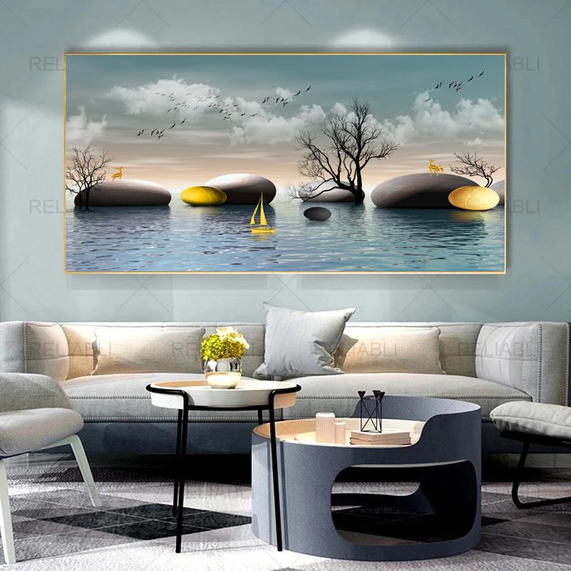 Modern Abstract Decorative Painting Deer Tree Ribbon Canvas Prints Wall Art Pictures for Living Room Light Luxury  Home Decor
