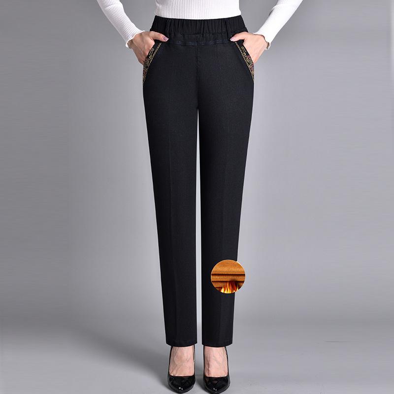 Pantaloni elastici larghi da donna per la mamma, jeans primaverili e autunnali, casual, a vita alta, per donne di mezza età e anziane, più pantaloni da donna in velluto scuro