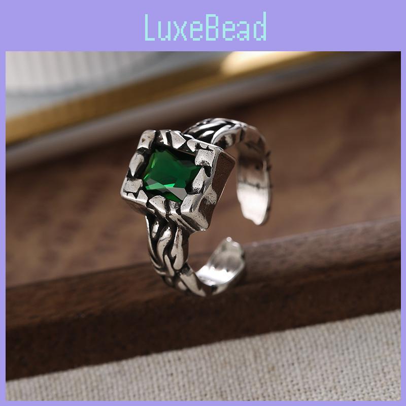Fashionable Green Zircon Copper Ring For Women With Vintage Geometric Design Adjustable Size