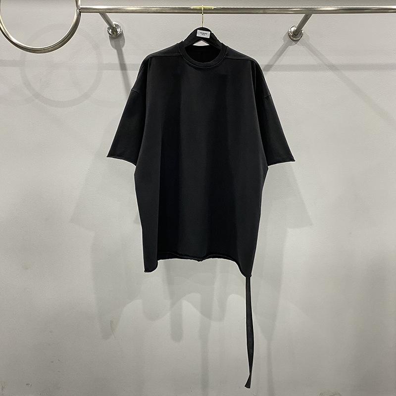 

2023 Summer Dark Solid Ribbon Decor Loose Knit Five-Point Half Sleeve Cuffed T-Shirt One Size чёрный