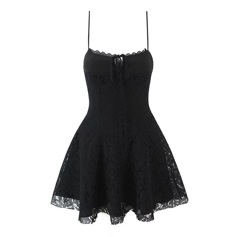 2026 Sweet Lace Patchwork Sleeveless Mini Dress: Retro Square Neck, Sexy Slimming Camisole Large