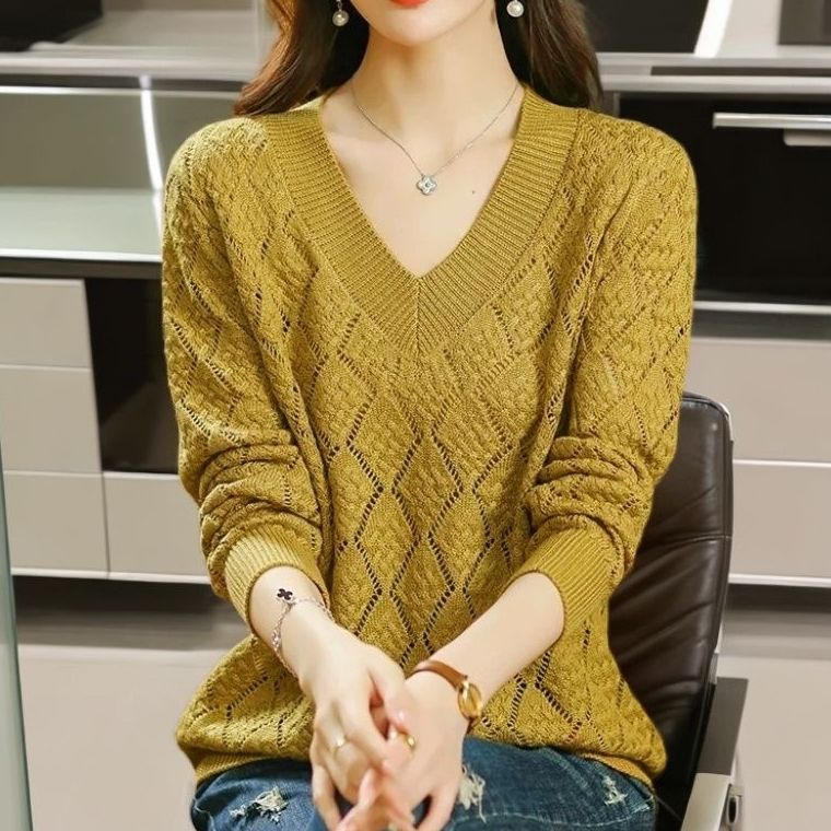 Women's Plus-Size Dopamine V-Neck Sweater Loose Collarbone-Showing High-Grade Hollow-Out Knit Top for Autumn & Summer