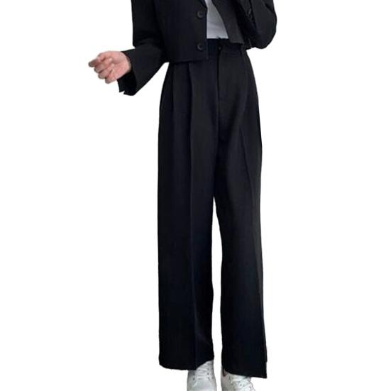 Women Pants High Waist Button Zipper Closure Casual Wide Leg Solid Color Trousers