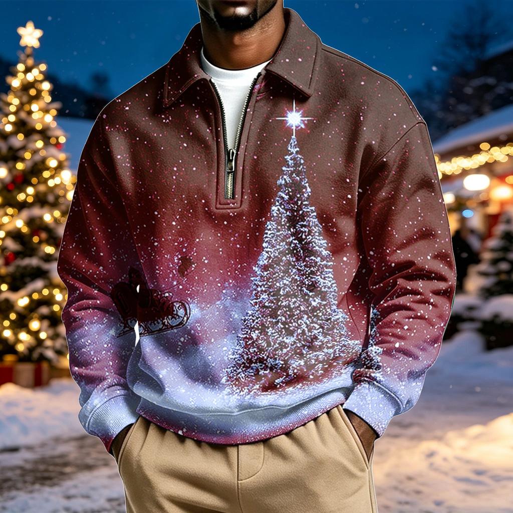 Men's Casual Christmas Print Quarter-Zip Sweatshirt with Collar