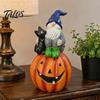 Hand Painted Yard Decor Halloween Gnome Outdoor Garden Statue, Resin On Pumpkin Figurine with Autumn Home Accents Black Cat, Fall Dwarf Sculpture for