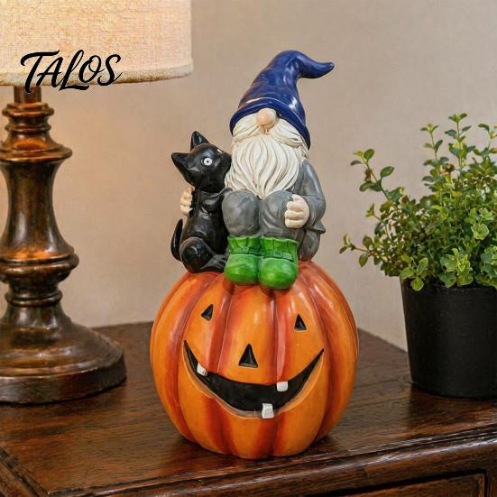 Hand Painted Yard Decor Halloween Gnome Outdoor Garden Statue, Resin On Pumpkin Figurine with Autumn Home Accents Black Cat, Fall Dwarf Sculpture for