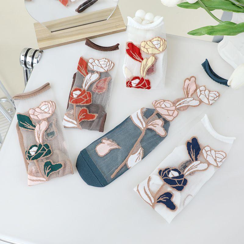1/3/5/10 Paar durchsichtige, transparente lange Nylonsocken für Damen, Sommer, ultradünn, atmungsaktiv, Kristallseidensocken, Stickerei, Blumenmuster, süße Spitzensocken