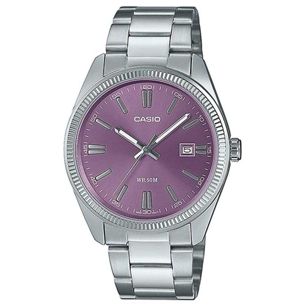 Casio Men s Analog Quartz Watch 38.5mm Lavender Purple Sunray Dial Stainless Steel Bracelet