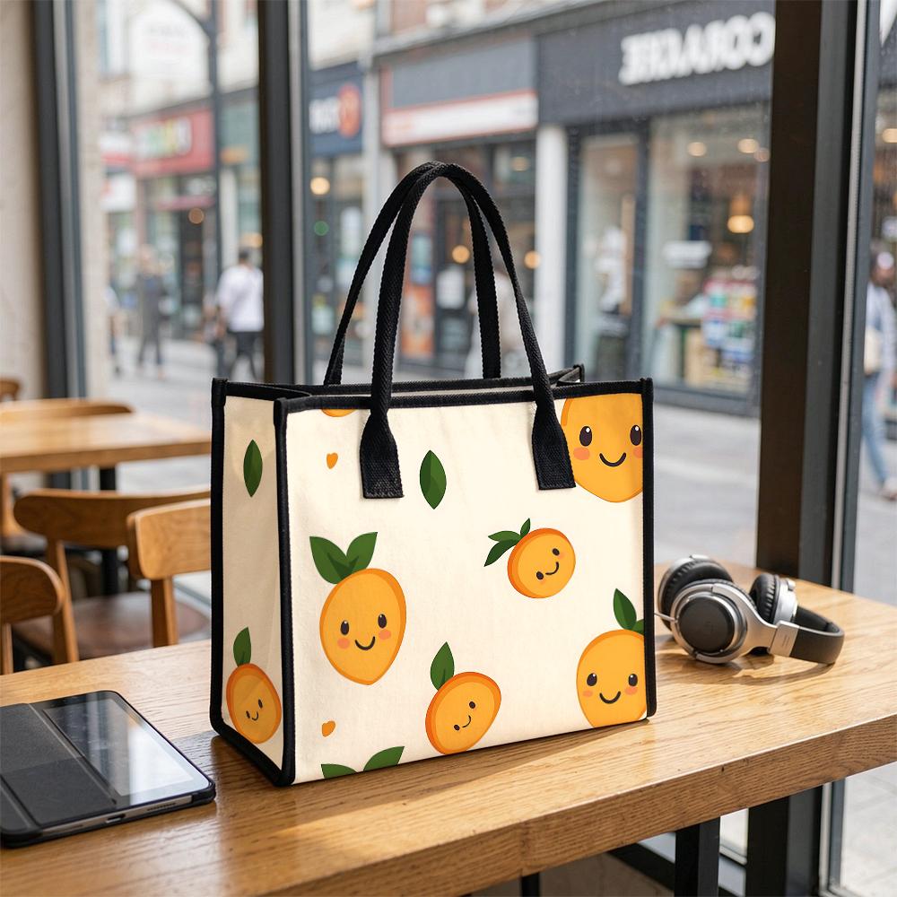 Cute Smiling Citrus Print Tote Bag Casual Daily Use Canvas Shoulder Handbag for Shopping Trip