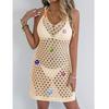 Women Summer Vest Dresses Hand Hook Flower Stiching Knitted Hollow Out Beach Bikini Cover Ups Halter Dress