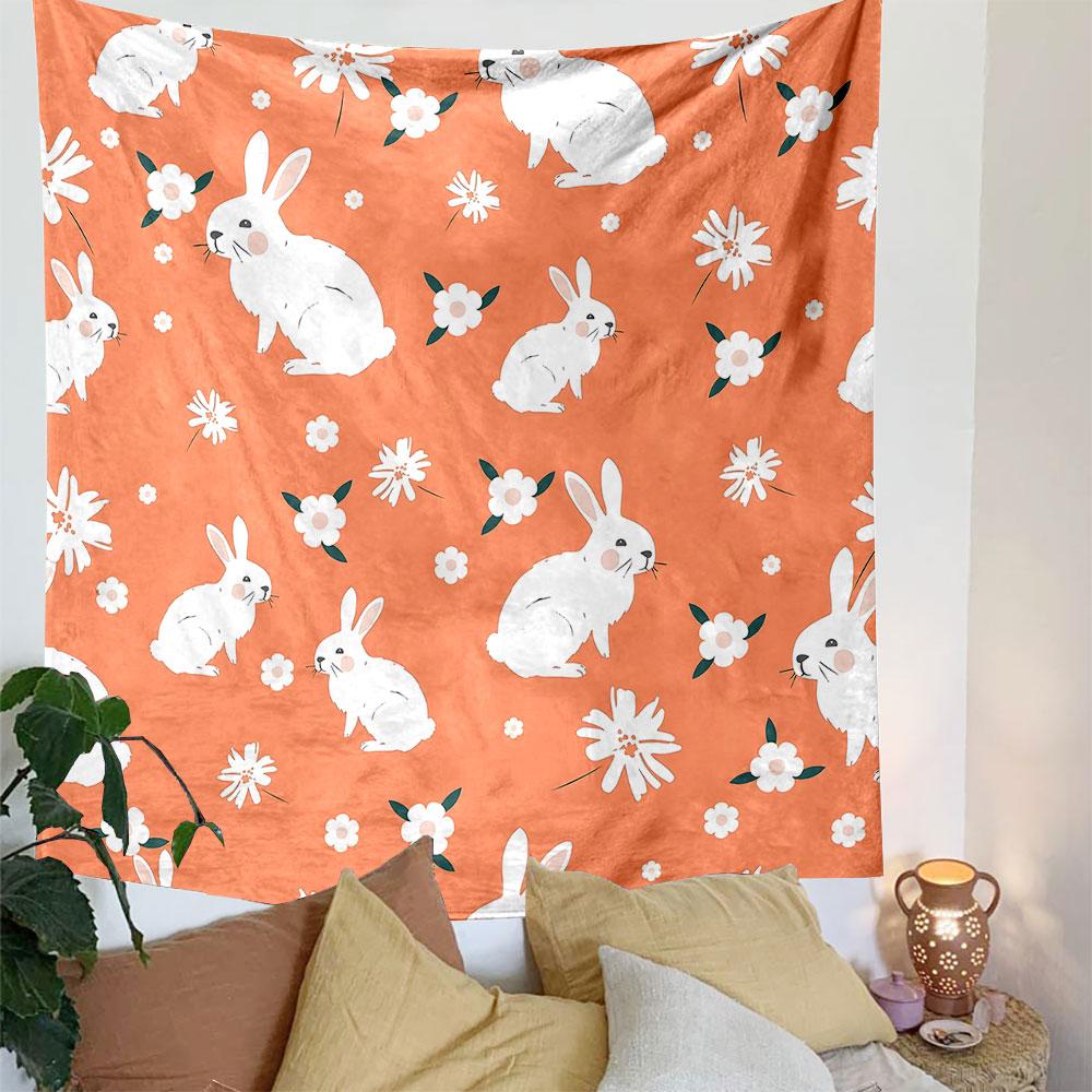 Orange Background with Cute White Rabbits Patterned Tapestry Decorative Wall Hanging, Home Bedroom Living Room Decor