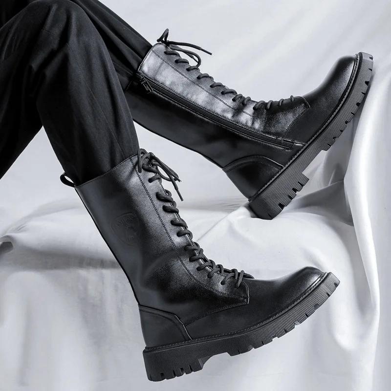 Men's High-Top Genuine Leather Boots British Style Casual Riding Boots Fashionable Motorcycle Boots Thick Sole Zipper Work Shoes