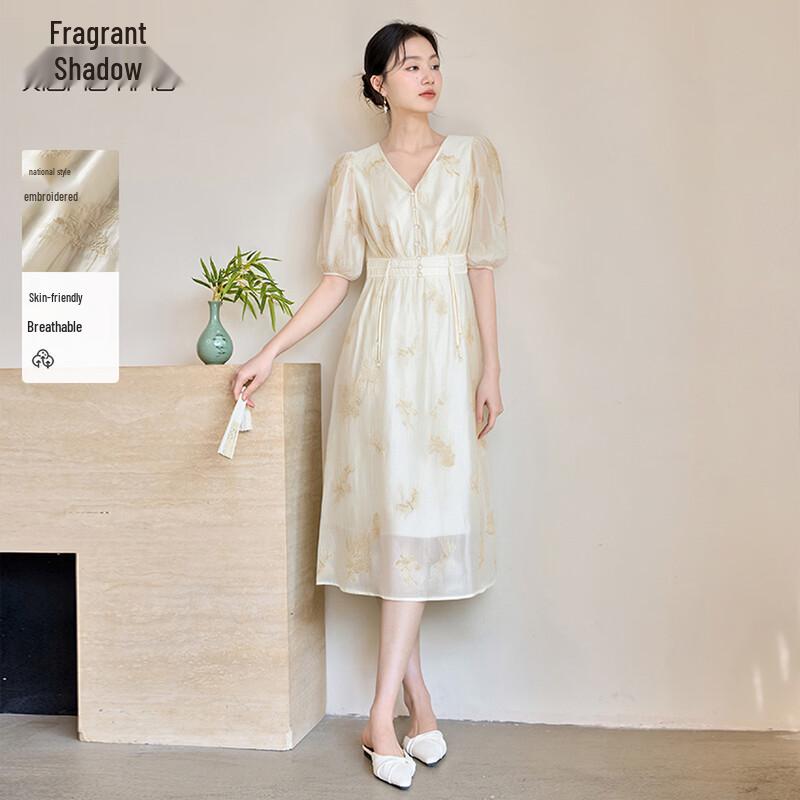 Xiangying Women s New Chinese Style Embroidered V-Neck Puff Sleeve Midi Dress M