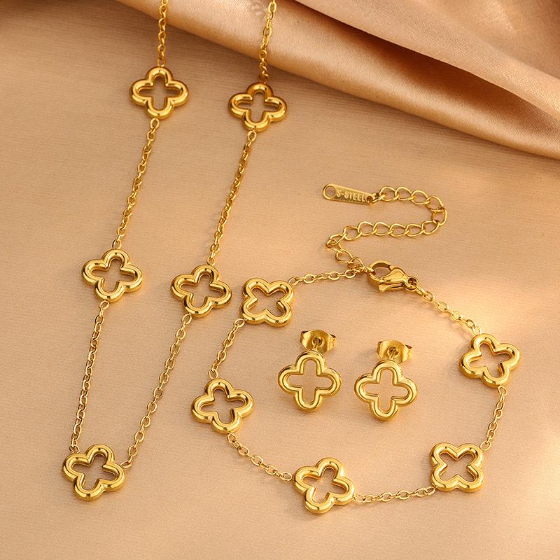 New Titanium Steel Four-leaf Clover Bracelet and Necklace Set Fashionable and Versatile Hollow Four-leaf Clover Earrings