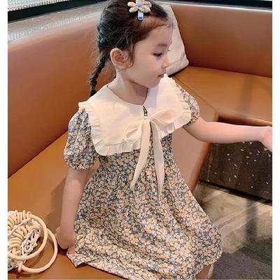 Girls Summer Short Sleeve Floral Dresses Middle Child Cute Doll Collar Princess Dresses