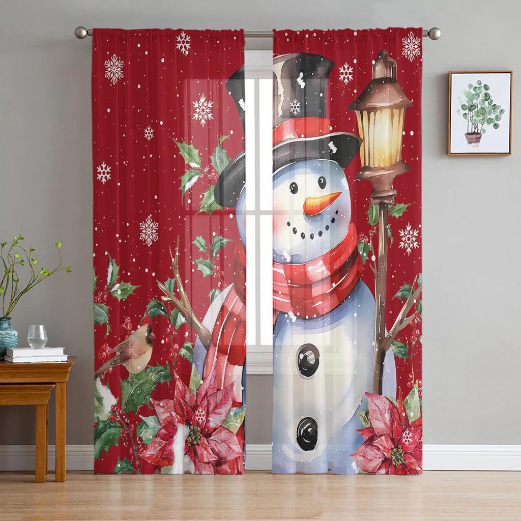Christmas Snowman Snowflake Red Yarn Curtain Window Tulle Curtains For Living Room Kitchen Window Sheer Voile Curtains