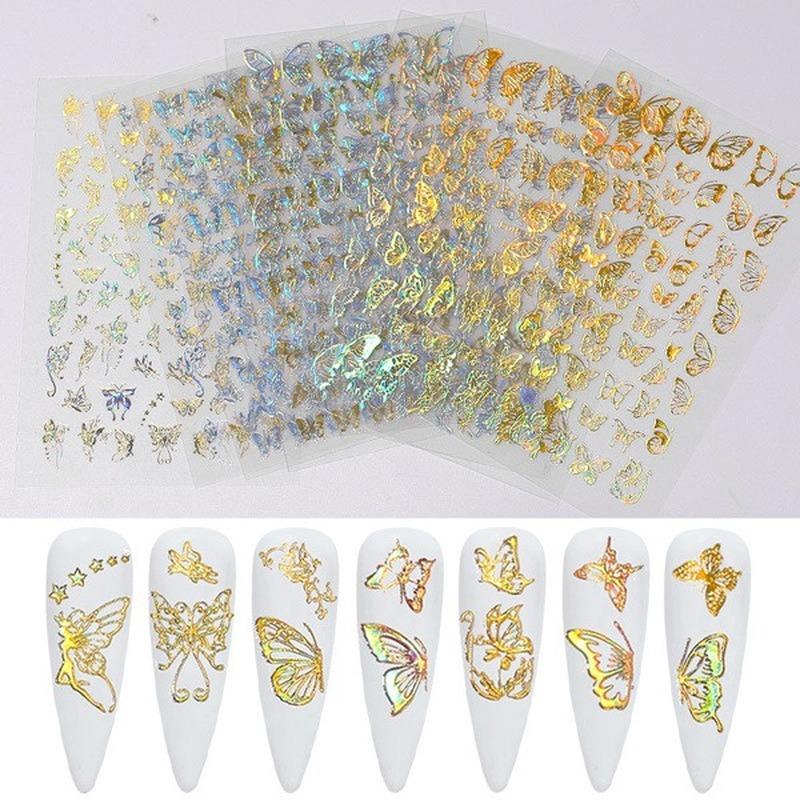 4Sheets Holographic 3D Butterfly Nail Art Stickers Adhesive Sliders Colorful DIY Golden Nail Transfer Decals Foils Wraps Decorations