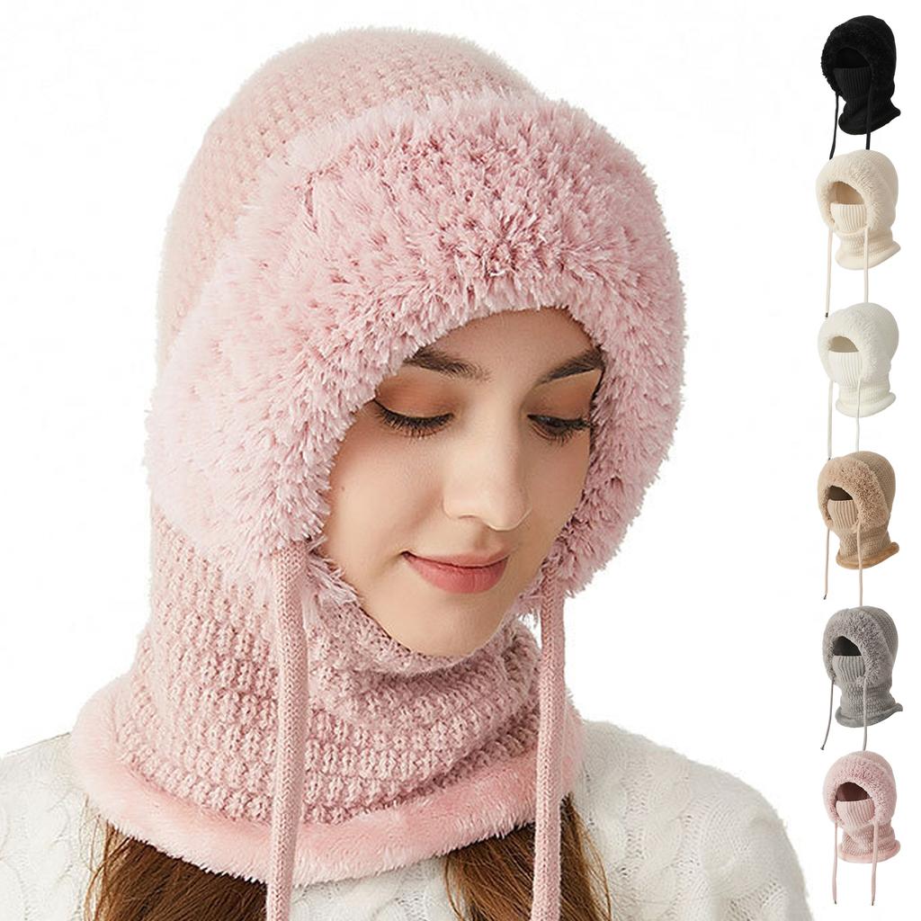 Women Fleece Lined Knit Hat Set Winter Warm Knitted Hat 3 in 1 Hooded One Piece Snow Cap W/Scarf & Mask for Cold Weather Protect