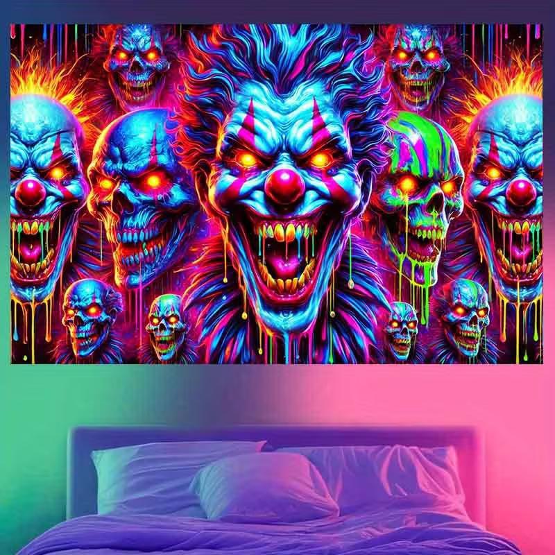 2D Blacklight Evil Clown Backdrop with Glowing Skulls Halloween Party Decor