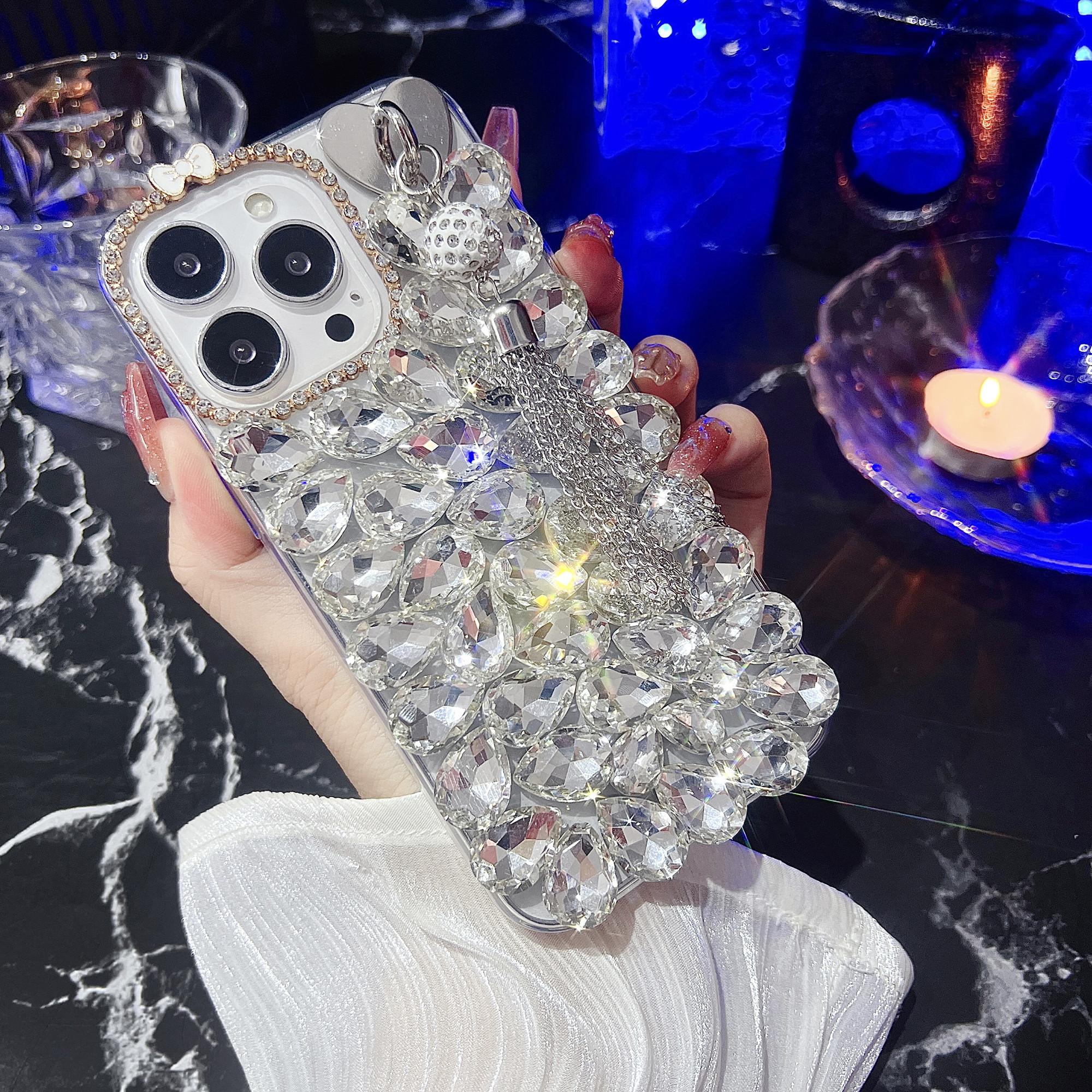

For iPhone 16 Pro Max Case with Tassel Glass Rhinestone Decor TPU Phone Back Cover White