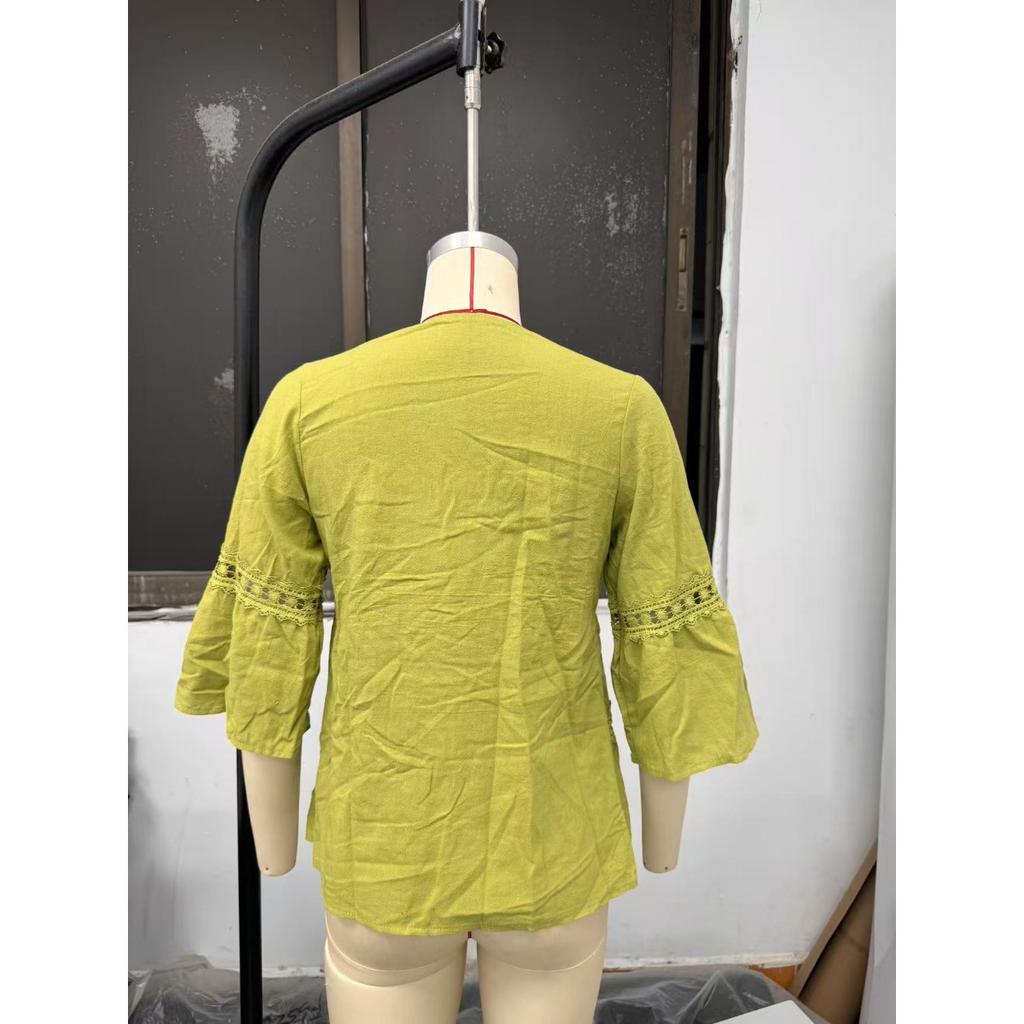 Zomer Dames Effen Linnen Katoen Vierkante Hals Top Kant Patchwork Driekwart Mouw Casual Blouse