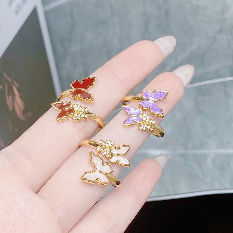 Retro Enamel Oil Butterfly Series Open Ring Women'S Western Regions Unique Niche Stacked Ring