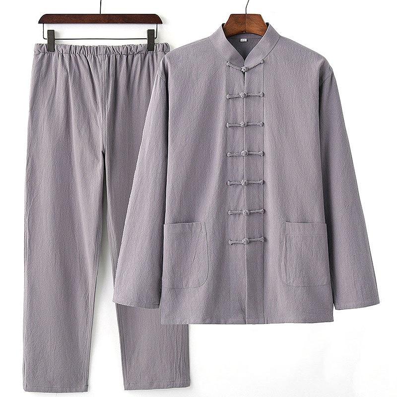Tang Suit Men's Buddhist Chinese Style Chinese Style Clothing Cotton Linen Suit Ancient Style Two-piece Spring and Autumn Lay Clothes Elastic Waist