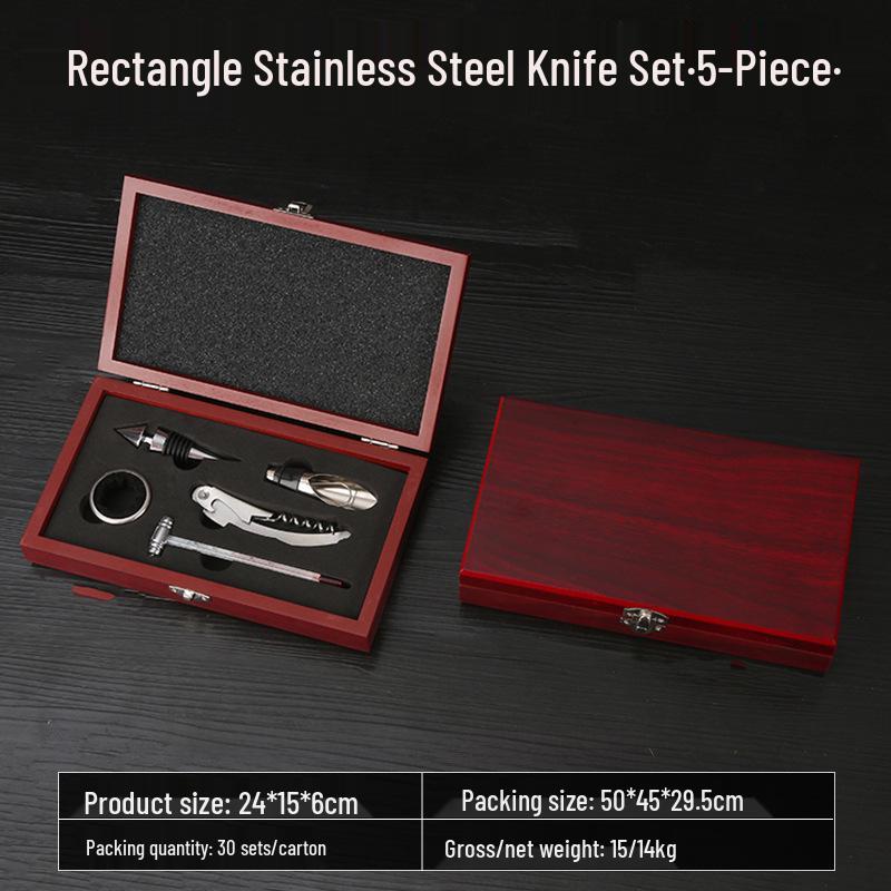 Premium Wine Opener Gift Set: Stainless Steel Pourer, Leather & Wooden Box, Waiter's Knife Corkscrew Barware