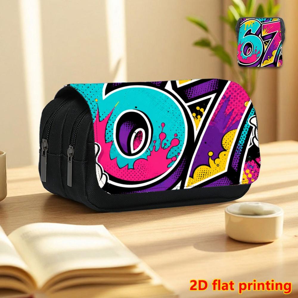 Fluorescent Green Digital Pattern Printed Double-Flap Black Pencil Case - Back-To-School Essential Pencil Box, Daily Multi-Functional Makeup Bag, Larg