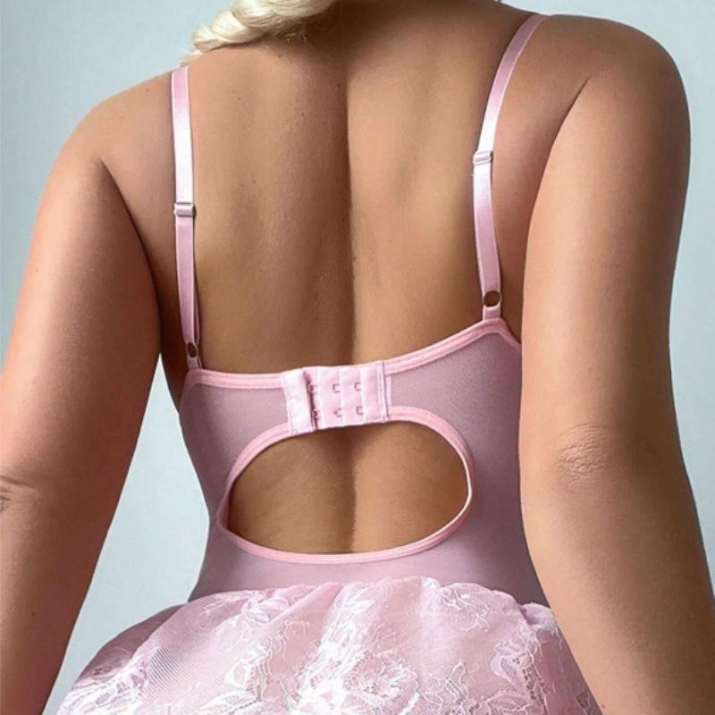 3 Piece Pink Sexy Dresses Women Lace Lingerie Mesh Pure Desire Sling Strap Shapewear Bandage Waist Shaping Dress+Thong+Socks Set