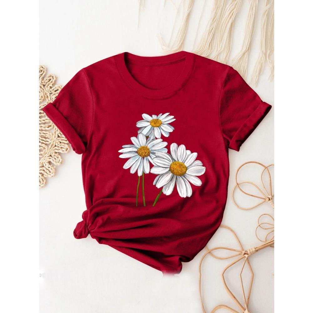 

Cute Daisy Print T-Shirt, Short Sleeve Crew Neck Casual Top For All Season, Women s Clothing S