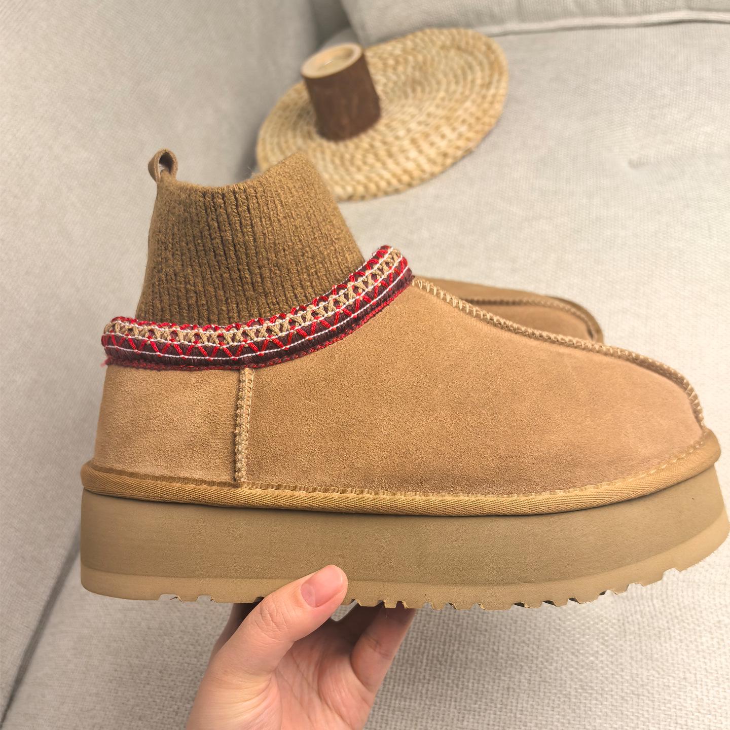 

Женские угги из овчины, толстая подошва, короткое голенище, нескользящие, вязаная манжета, теплая подкладка 37 (Standard, size up for wide feet) каштановый