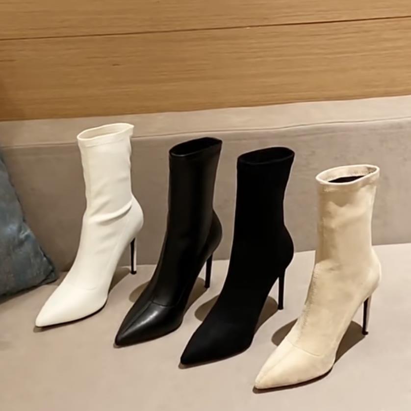 Autumn And Winter Short Boots Women'S High-Heeled Elastic French Black Pointed-Toed Thin-Heeled Thin Boots Suede White Boots Temperament