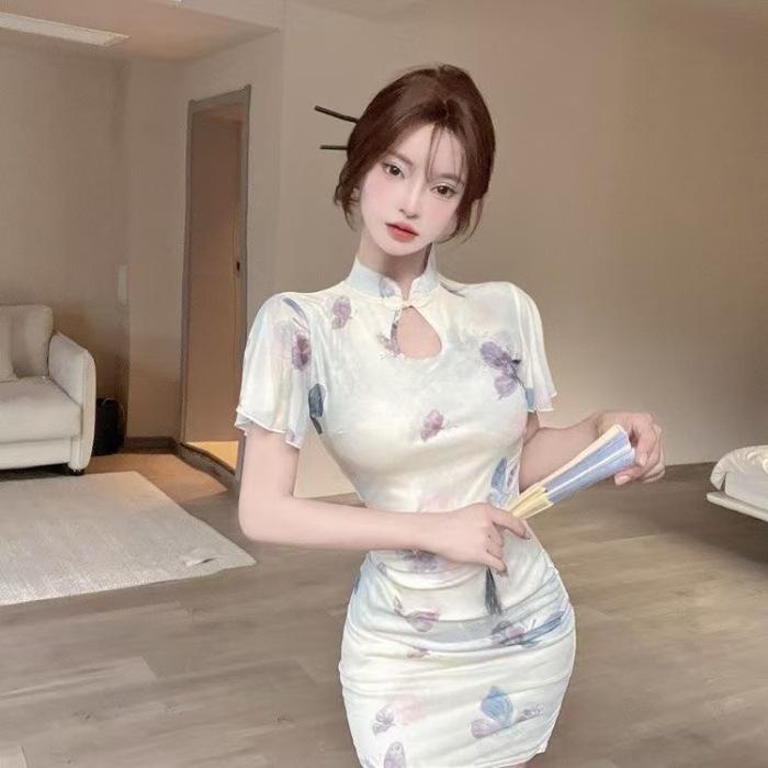 Новое летнее китайское ципао с сетчатыми пышными рукавами - Сексуальное облегающее мини-платье для женщин Extra Large