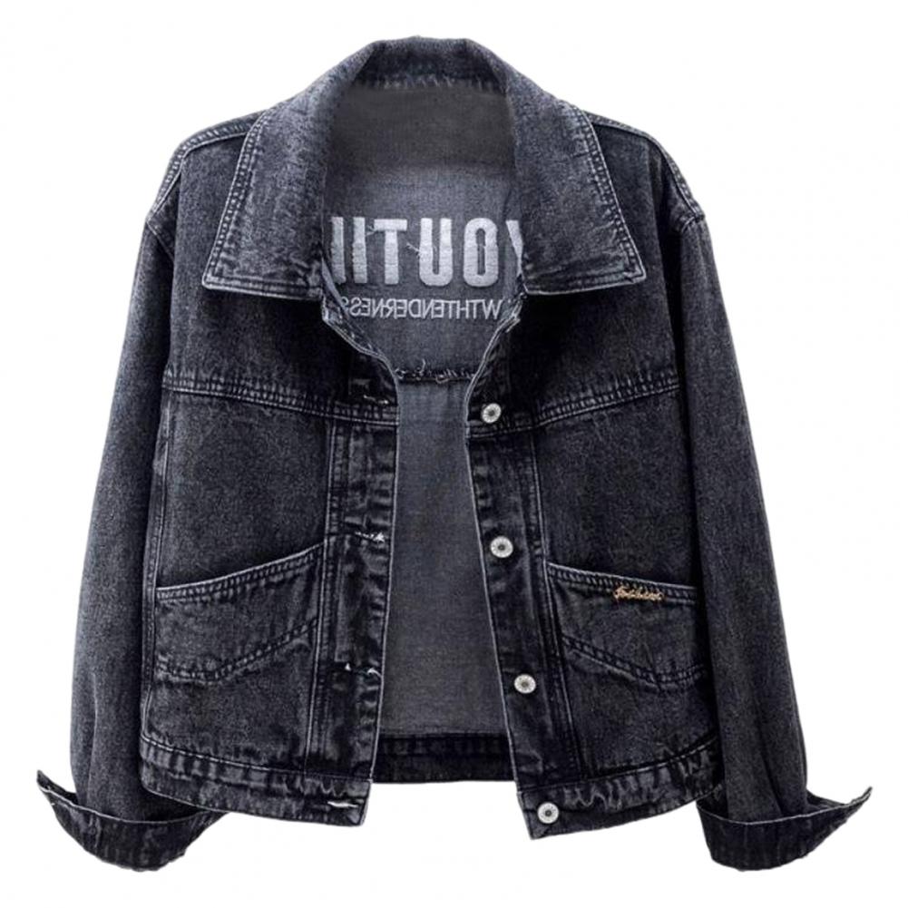 

Женская куртка с отложным воротником, длинный рукав, однобортная, однотонная, с пуговицами, вышитыми карманами, короткая, джинсовая, хип-хоп, уличная M черный серый