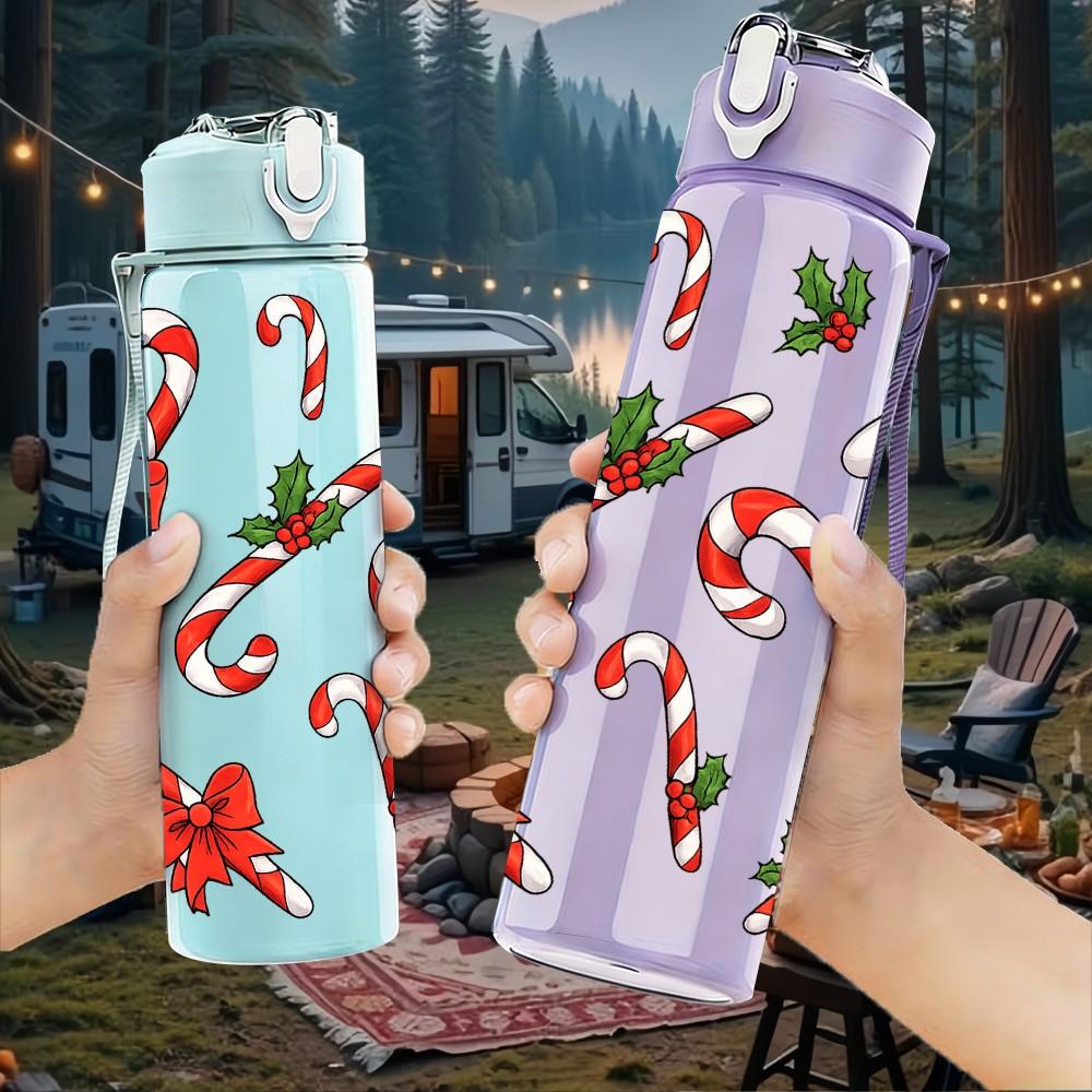 1PC Red Poinsettia Christmas Leaf Pattern 750ml Color Plastic Sports Water Bottle Leakproof Flip Straw Lid Suitable for Sports Office Home Use