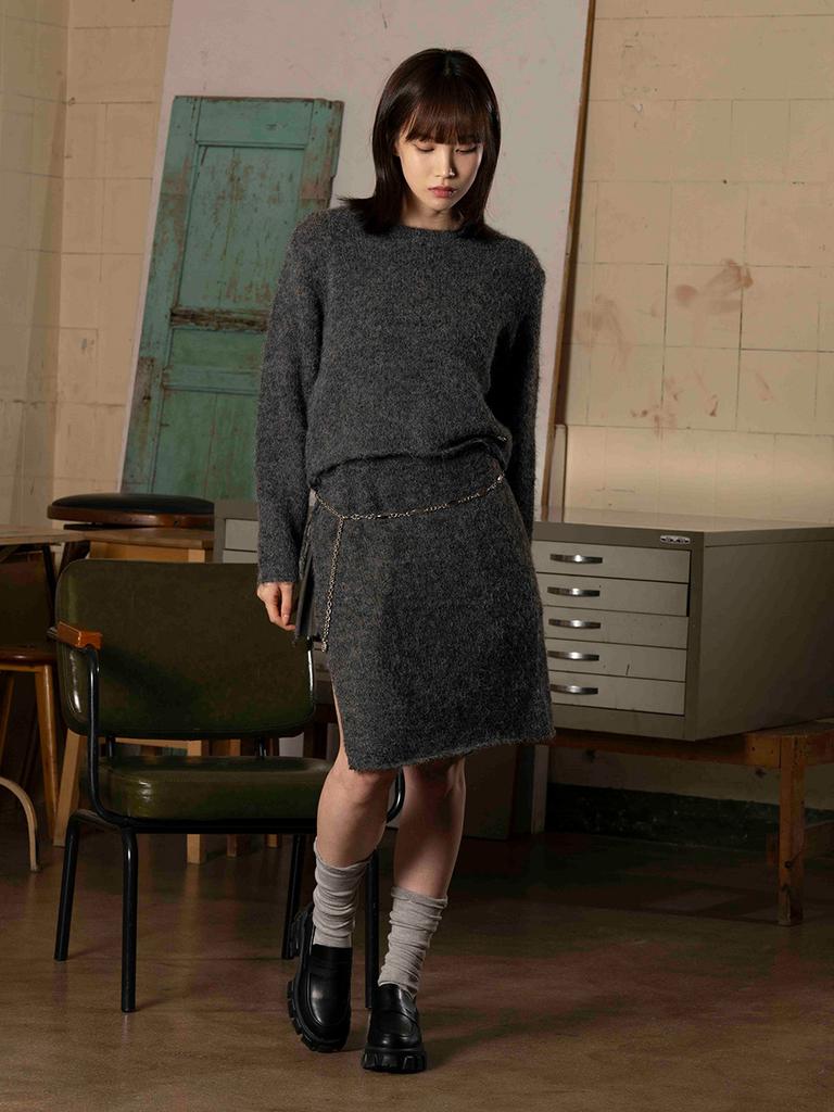 THE GREEN LAB Soft Texture Knit Wrap Skirt Set [Charcoal Gray]
